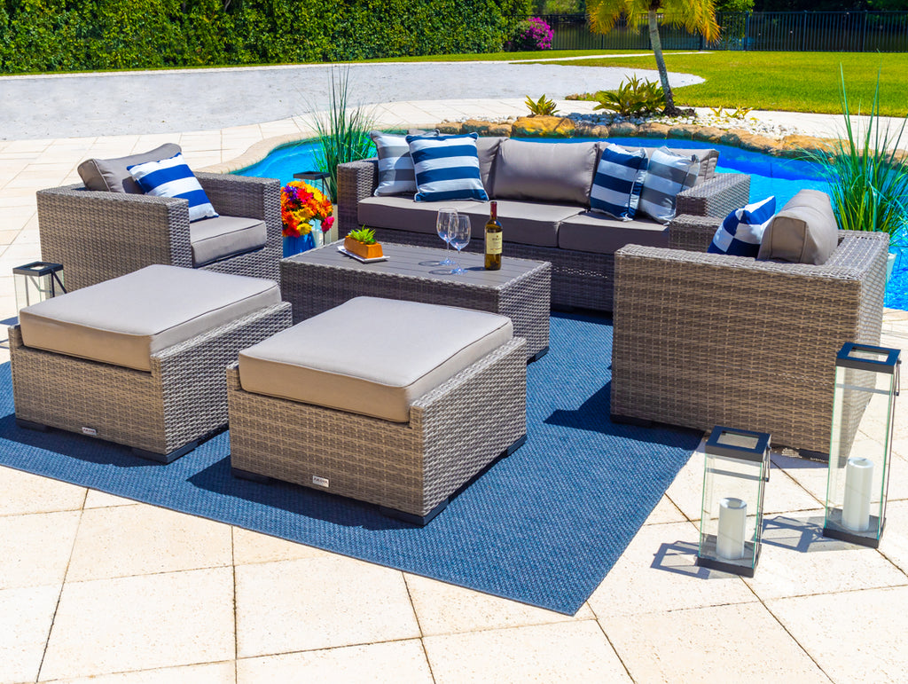 Sorrento 6-Piece L Resin Wicker Outdoor Patio Furniture Lounge Sofa Set in Gray w/ Sofa, Two Armchairs, Two Ottomans, and Coffee Table (Flat-Weave Gray Wicker, Polyester Light Gray) - image 3 of 9