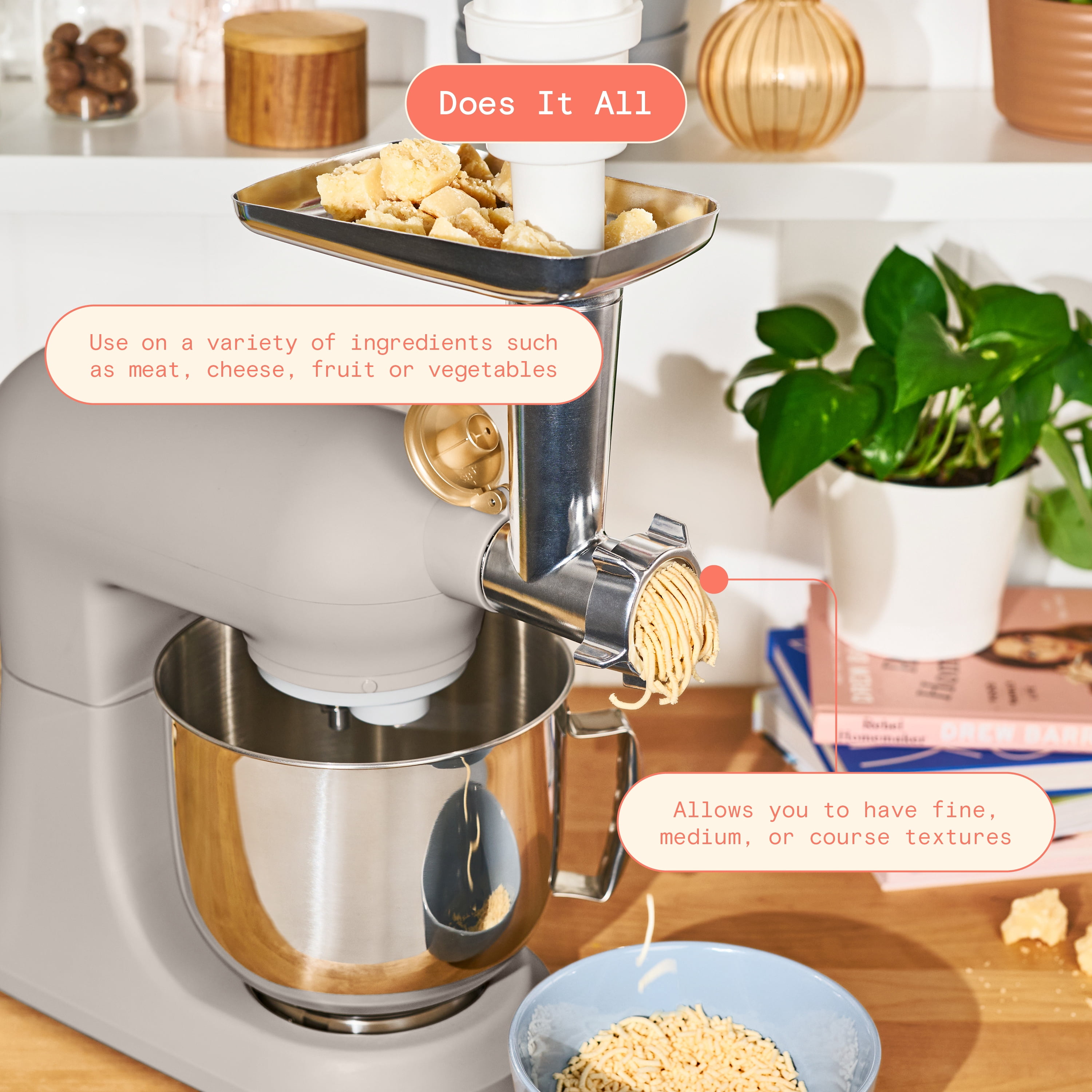 Beautiful Meat Grinder Stand Mixer Attachment with 3 Stainless Steel Grinding Plates, by Drew Barrymore