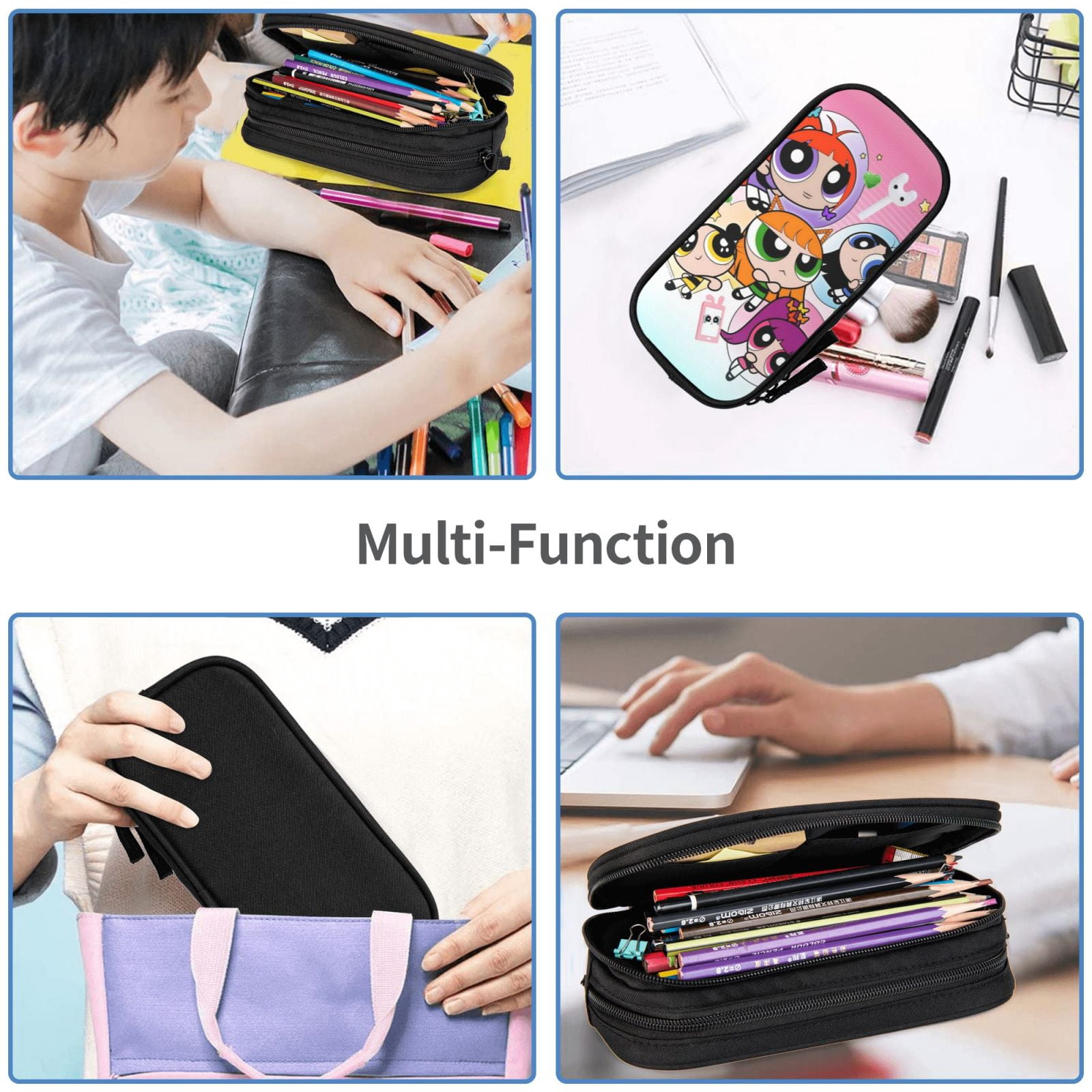 The Powerpuff Gi-rls Pencil Case Large Capacity Pencil Pouch Pen Bag Office Stationery Organizer Travel Makeup Bag Black