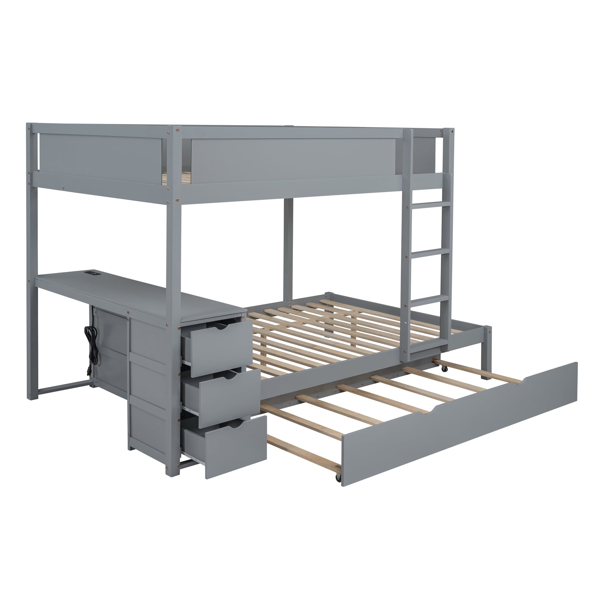 Full-Over-Full Bunk Bed with Twin size Trundle and 3 Storage Drawers, Solid Wood Floor Bunk Bed with Desk, Ladder and Guardrails for Kids Teens Adults