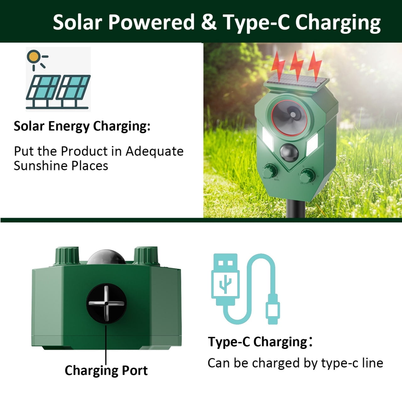 Solar Powered Animal Repeller with Motion Sensor, Ultrasonic Pest Deterrent & Flashing Lights for Outdoor Garden and Yard