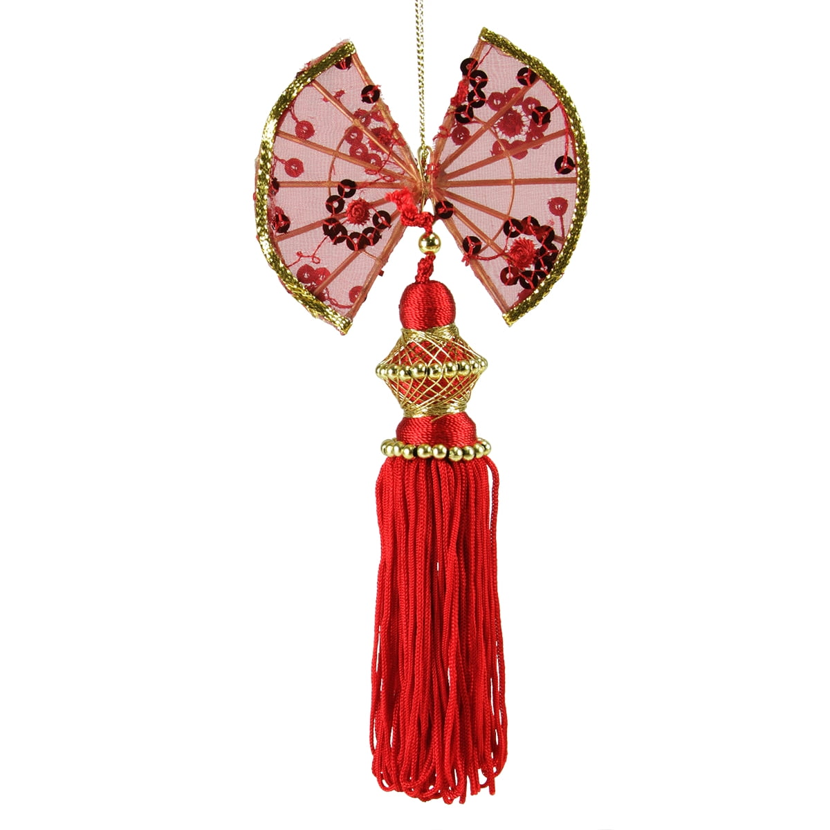 Asian Fusion Red Oriental Double Hand Fan with Tassesl Christmas