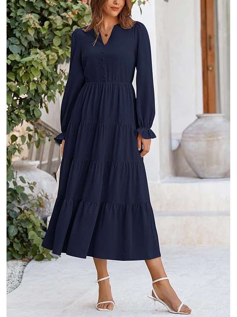 PRETTYGARDEN Women's Fall Maxi Dress Long Sleeve V Neck Tiered A Line  Ruffle Elegant Flowy Spring Cocktail Party Dresses - Walmart.com