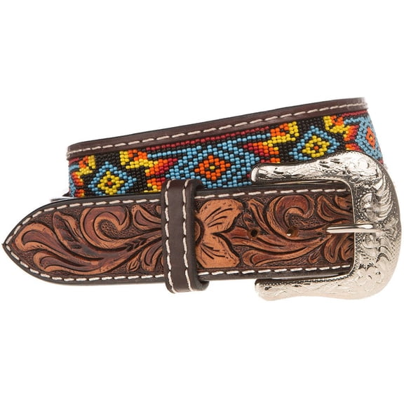 Western Fashion Accessories Mens Beaded Floral Tooled Belt 32 Brown