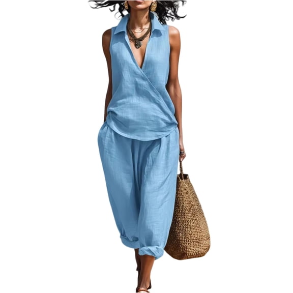 Lumtrix Womens Lounge Cotton Linen Two Piece Outfits Spring Summer Oversized Sleeveless Tops And Wide Leg Capris Suits Sets Blue L