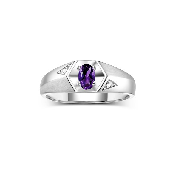 Rylos Sterling Silver Classic 6X4MM Oval Amethyst & Diamond Ring - Birthstone Jewelry for Men -Size 8