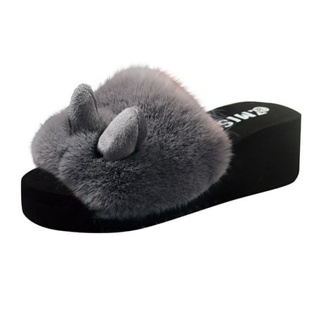 

Slippers for Women Fashion Beach Rabbit Ear Women Slip-On Open Toe Wedges Warm Winter Slipper Shoes House Slippers Flock 38