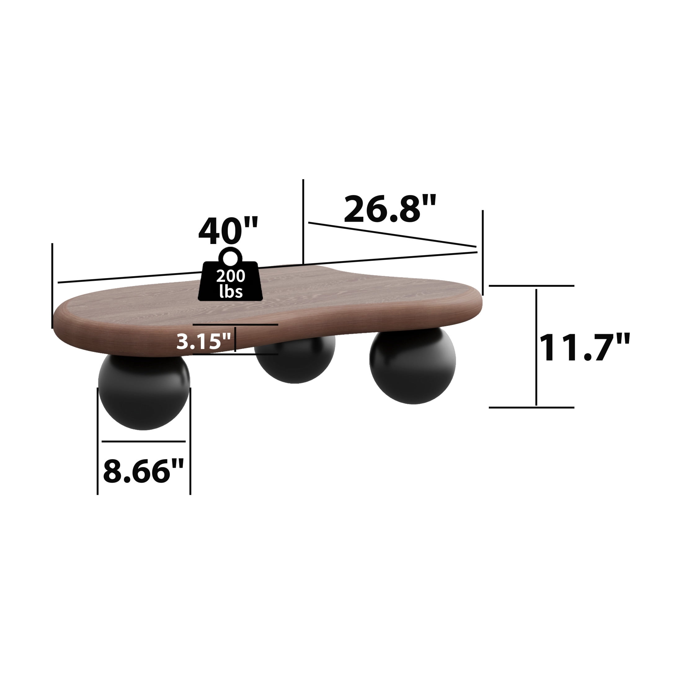 Noble House 40" Cloud Shaped Coffee Table with Ball Legs, Modern Aesthetic Accent Table for Living Room, Walnut Top Black Legs