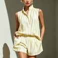 thumbnail image 2 of Pretxorve Women 2 Piece Outfits Print Striped Stand Collar Half Button Sleeveless Top Elastic Shorts Set, 2 of 5
