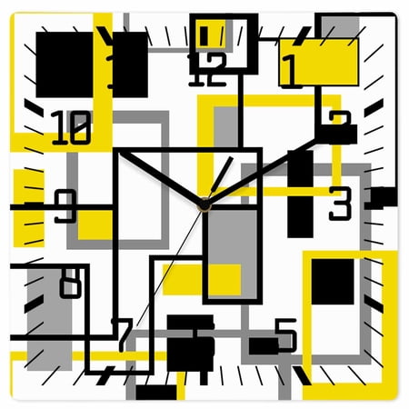Yellow Black Grey Geometric Wooden Wall Clock Silent Non Ticking, Middle Century Modern Abstract Art Square Wall Clocks Battery Operated, Decor Clock for Home Office, Living Room, Kitchen, 10 Inch