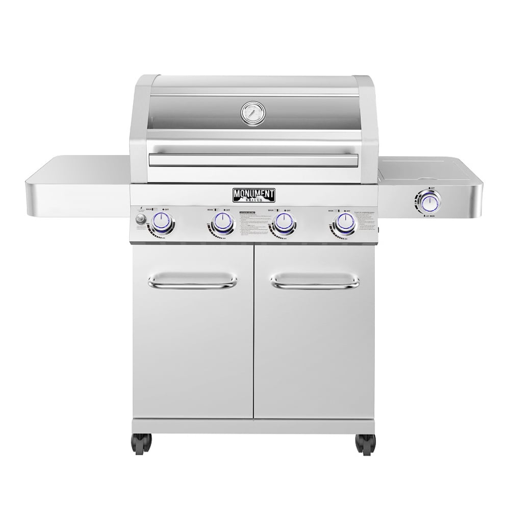 Monument Grills 4-Burner Natural Gas Grill in Stainless with Clear View Lid, LED Controls, Grill Cover, and Side Burner