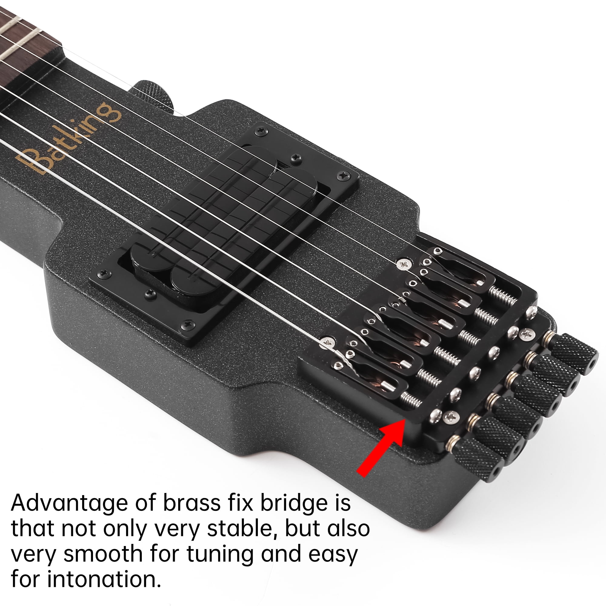 Batking Electric Guitar Travel Guitar Headless 6-String One-Piece Canada Maple Neck Brass Fix Bridge with Gigbag