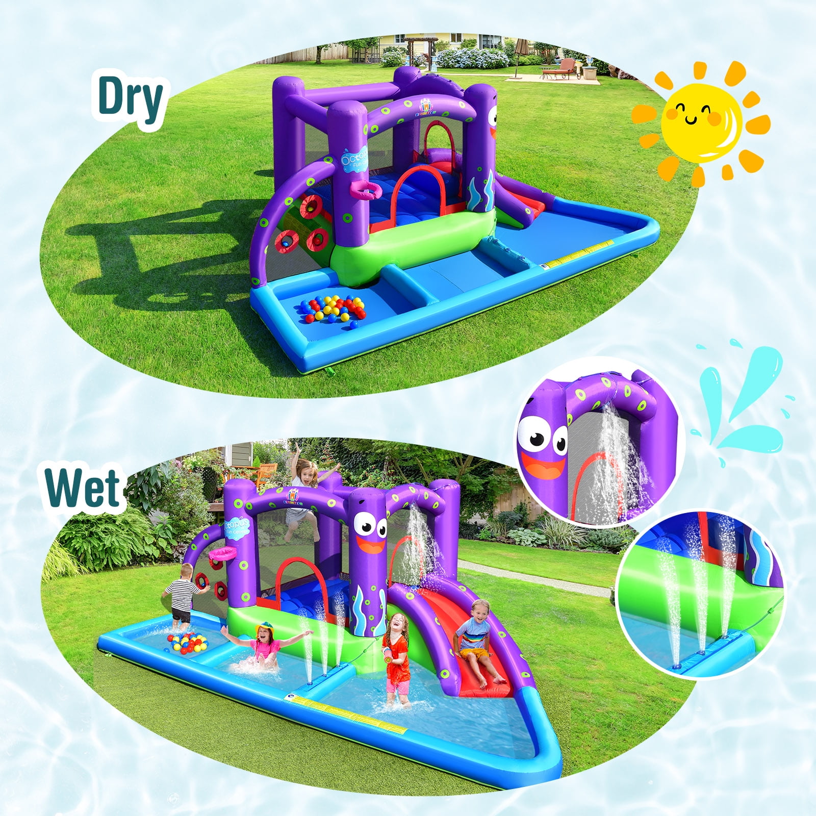 Infans Inflatable Water Slide Castle Kids Bounce House w/ Octopus Style & 750W Blower