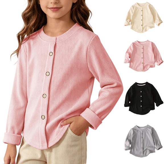 Cmtiyu Girls Cardigan Sweater Long Sleeve Button Down Crew Neck Ribbed Knit Tops Fall Winter Outerwear Girls Sweaters Beige 3-4 Years