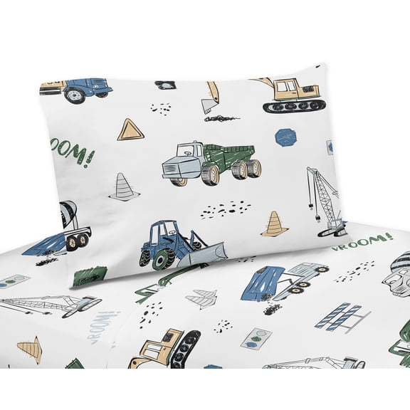 Sweet Jojo Designs Construction Truck Green Blue and Grey 4 Piece Queen Size Sheet Set - 4 piece
