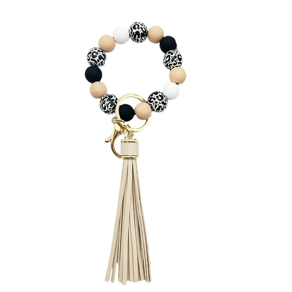 Fashionable Wood Beads Keychain Beaded Rings Bangle Chains Bracelet Wristlet with PU Tassels for Fashion Ladies