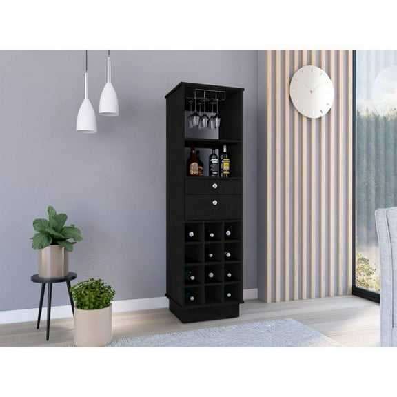Depot E-Shop Zircon Bar Cabinet With 2 Drawers, 12 Wine Cubbies, Open Shelf, And Rack, Black