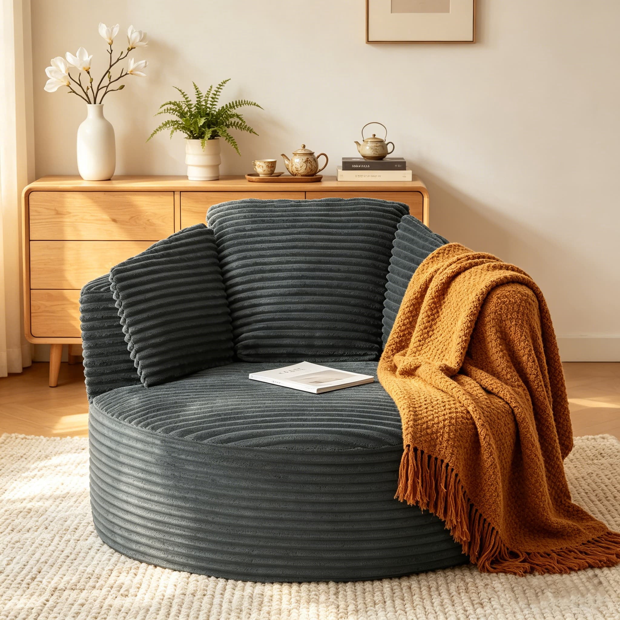 Aukfa Modern Corduroy Round Accent Chair, Compressible Chaise Lounge for Living Room & Bedroom, No Assembly,Dark Gray