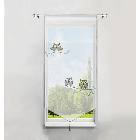 1Piece Partition Curtain WxH/40x90CM in Transparent Polyester Gray Owl Embroidery with Pompom Short Curtains Window Decoration