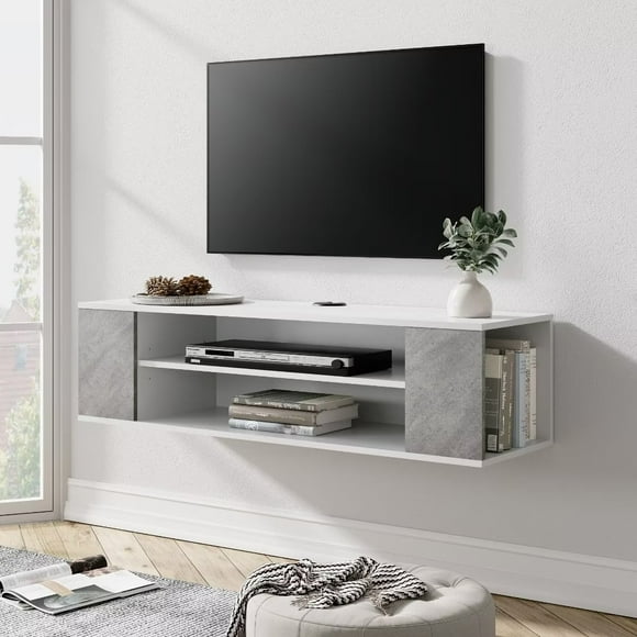 WAMPAT Floating TV Stand Shelf for TVs up to 43" Flat Screen, Wall Mounted Entertainment Center Cabinet Component Media Console Hutch with Storage for Audio/Video in Living Room, White&Grey