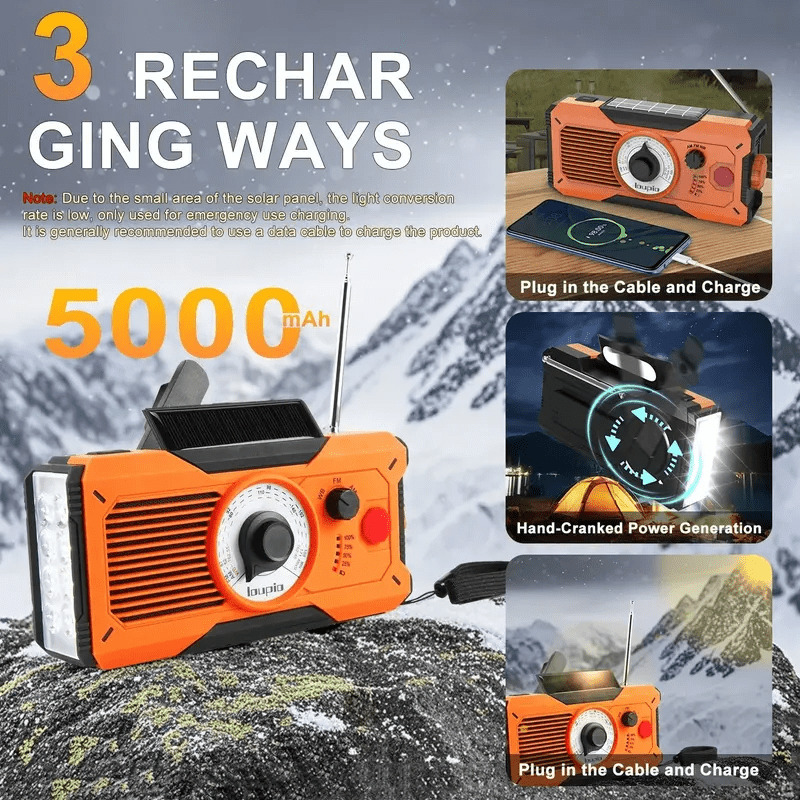 Emergency Radio, AM/FM/WB Weather Radio, 5000mAh Portable Power Bank, USB Solar Hand Crank Charging, Waterproof Flashlight, LED Reading Light, SOS Alarm, Compass, for Camping Hiking Hurricane
