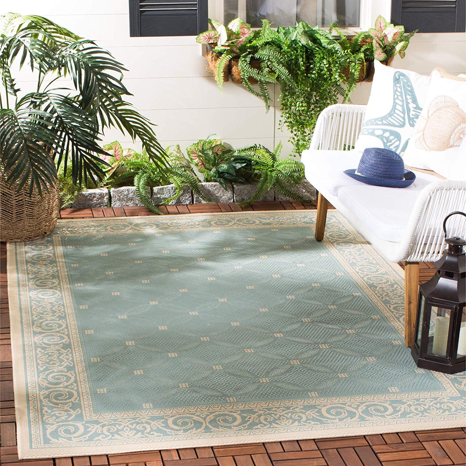 Safavieh Courtyard Collection CY610725 Aqua and Cream Indoor/ Outdoor