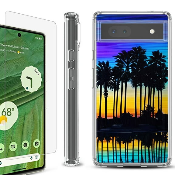 Shockproof Bumper Phone Case for Google Pixel 6a, with Tempered Glass Screen Protector, by OneToughShield ® - Palmtree