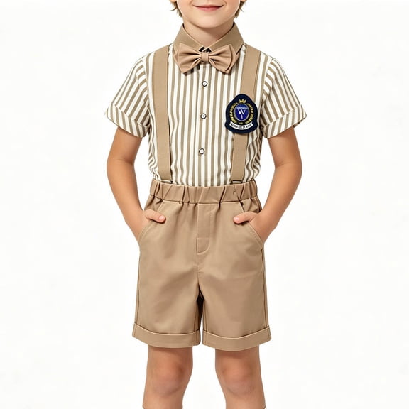 Trikvn Boys Gentleman Suspender Outfit Set Short Sleeve Striped Shirt with Bowtie and Cuffed Shorts 3-Piece Suit for Toddler Kids Wedding Pageant Formal School Uniform