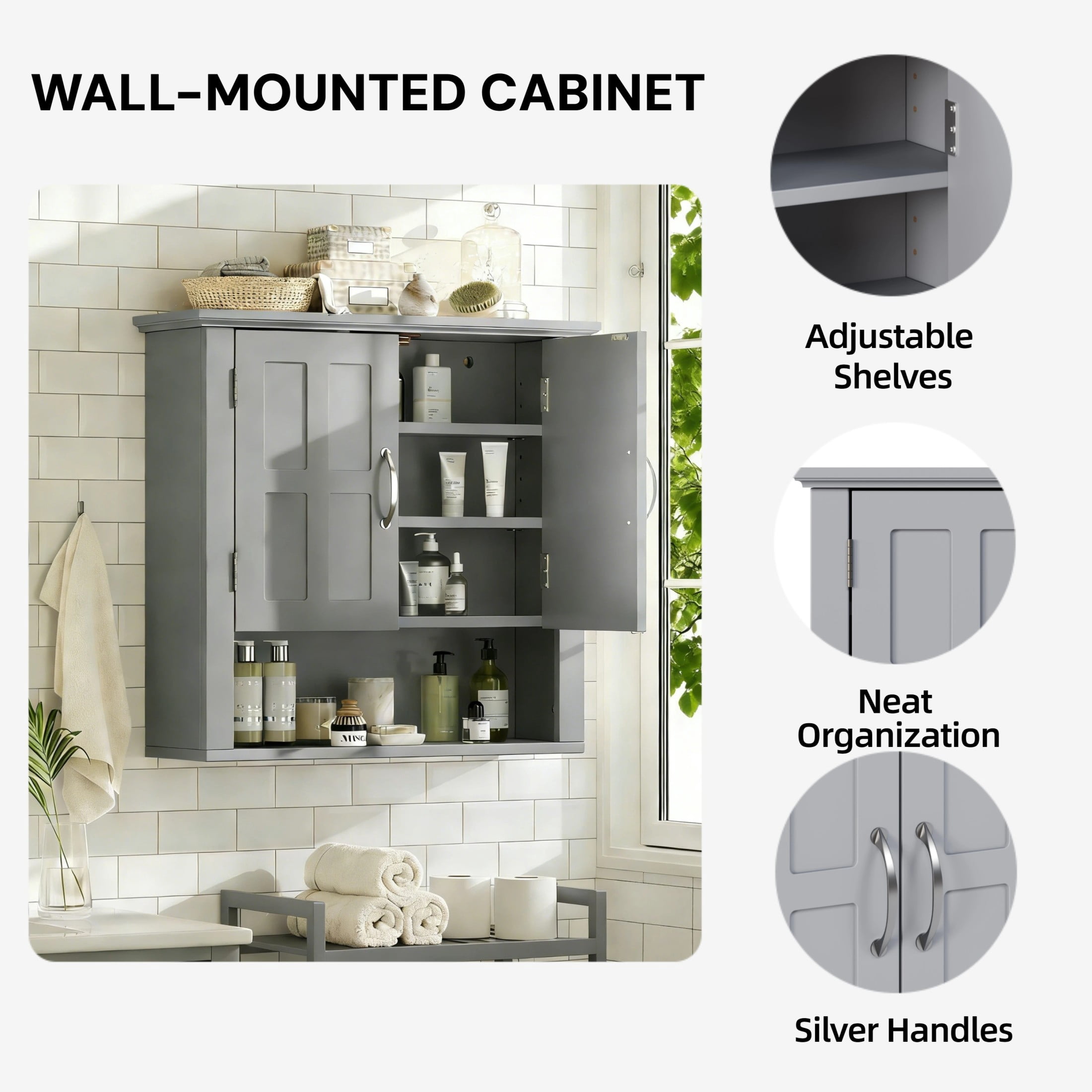 Christopher Knight Home 23.6" Wall Mounted Storage Cabinet with Adjustable Shelves and Doors, Gray