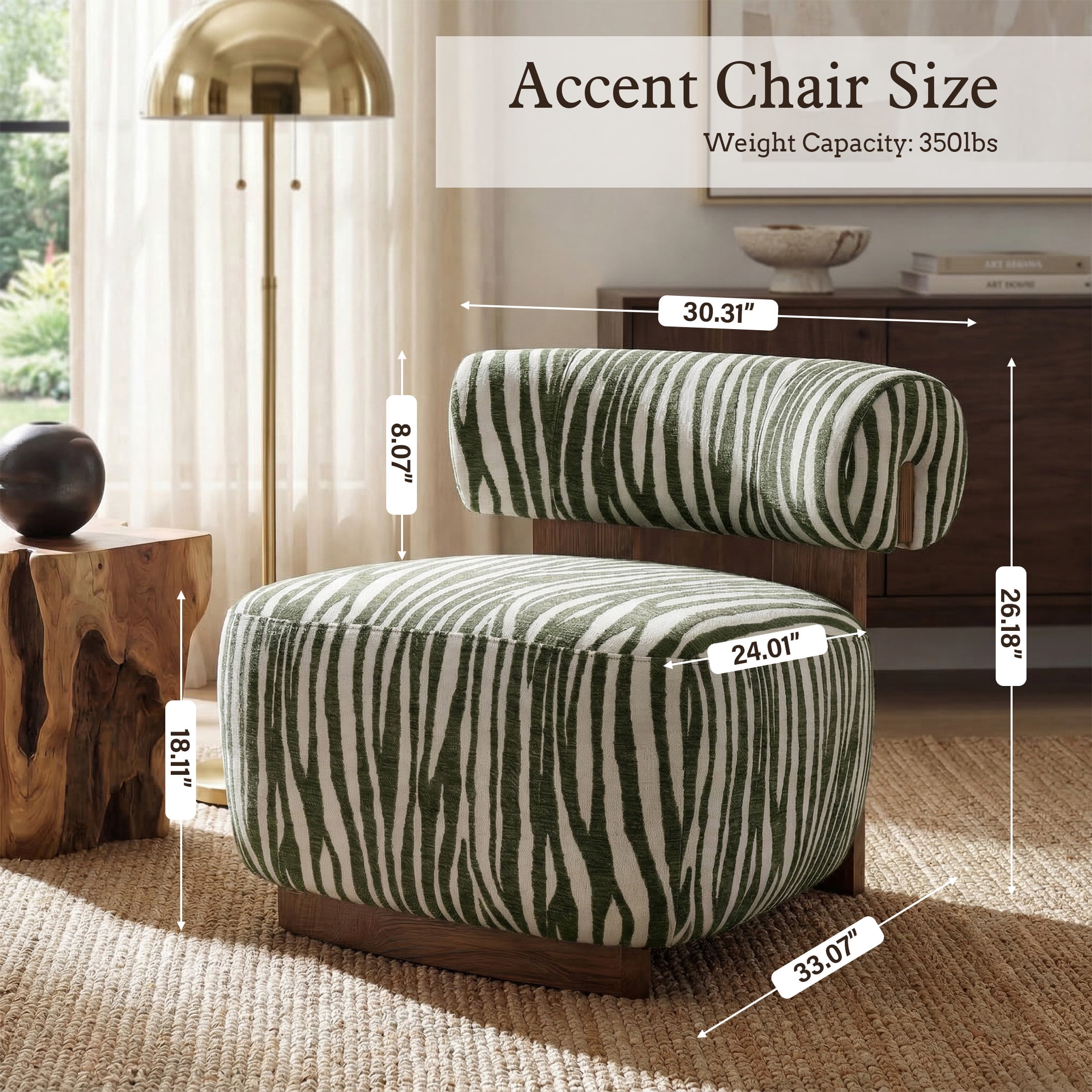 Aukfa Modern Chenille Accent Chair with Zebra-Stripe, Cylindrical Backrest for Living Room, Green