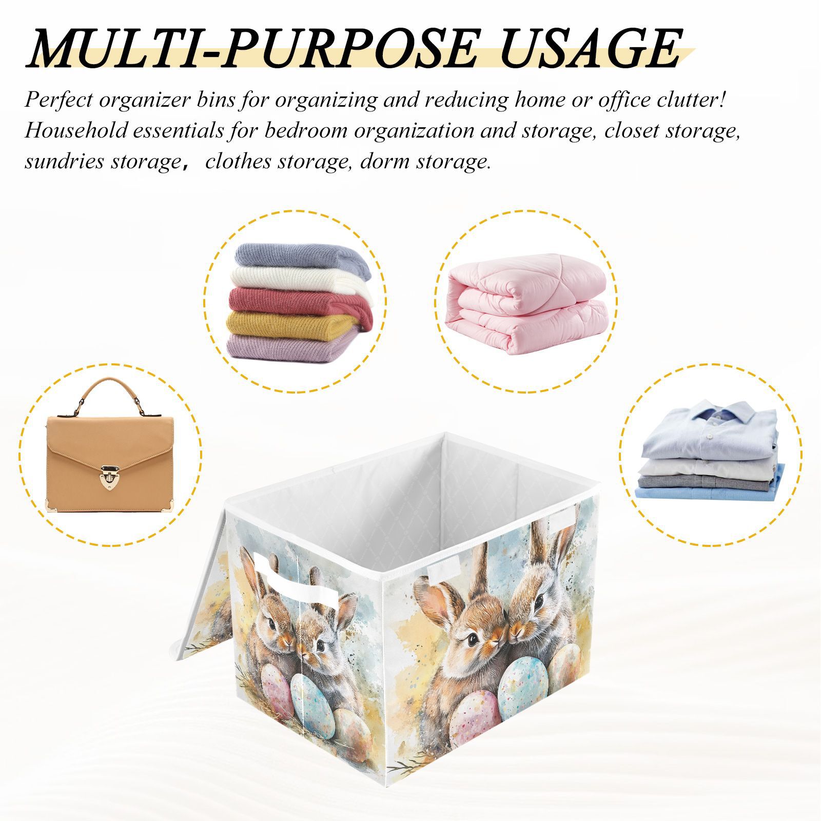 Bunnies Easter Eggs Storage Basket for Shelves Foldable Container Organizer for Organizing Toys Clothes Books with Handles
