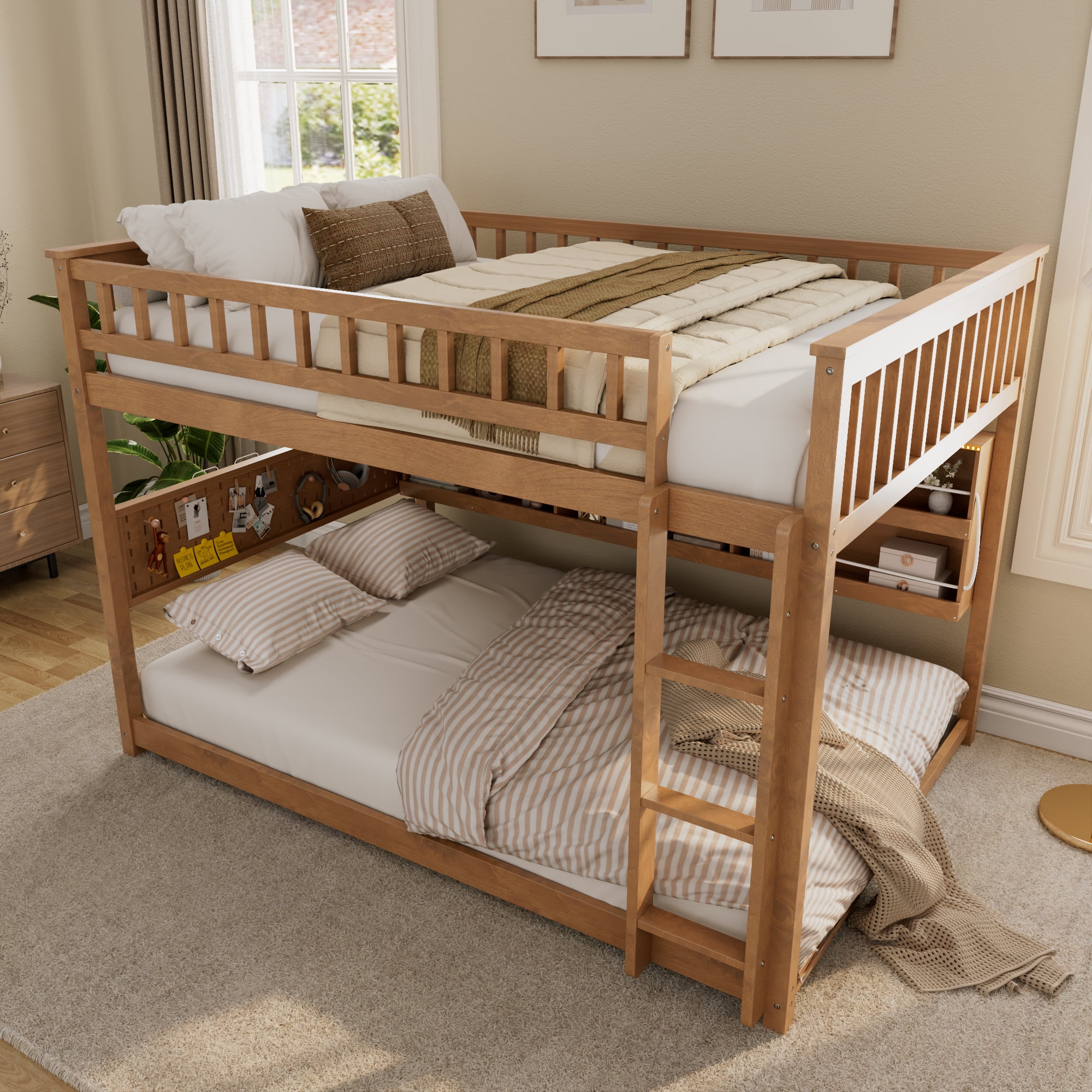 Leumius Full over Full Bunk Bed with Integrated Shelving, Color-Changing Lights and Pegboard for Boys Girls Brown