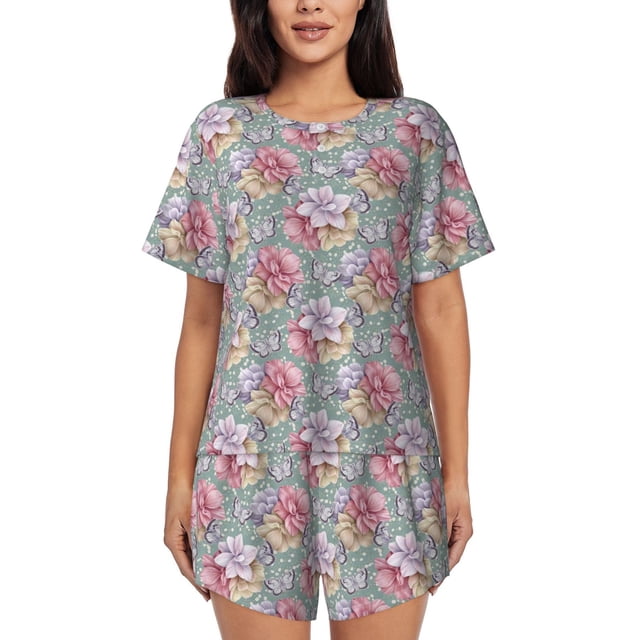 Fotbe Watercolor Butterflies Conjunto de Pijama Estampado para Mujer, 2 Piezas, Ropa de Dormir con Camiseta de Manga Corta y Shorts Suaves-Small