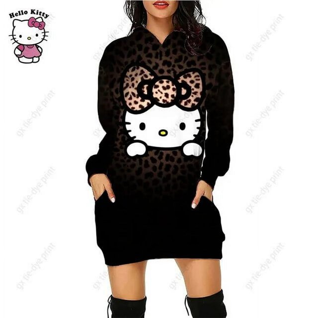 Nouveau Léopard Hello Kitty Chandail à Capuchon Femme Simple Col Rond Chandail en Molleton Long Bureau Décontracté Ample Chandails à Capuchon Automne Robe Chaude GQ