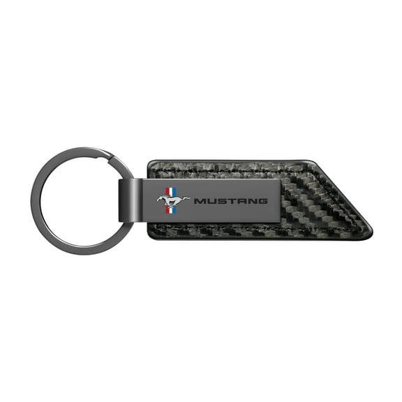 Ford Mustang Tribar Gunmetal Black Gray Metal & Carbon Fiber Texture Leather Key Chain