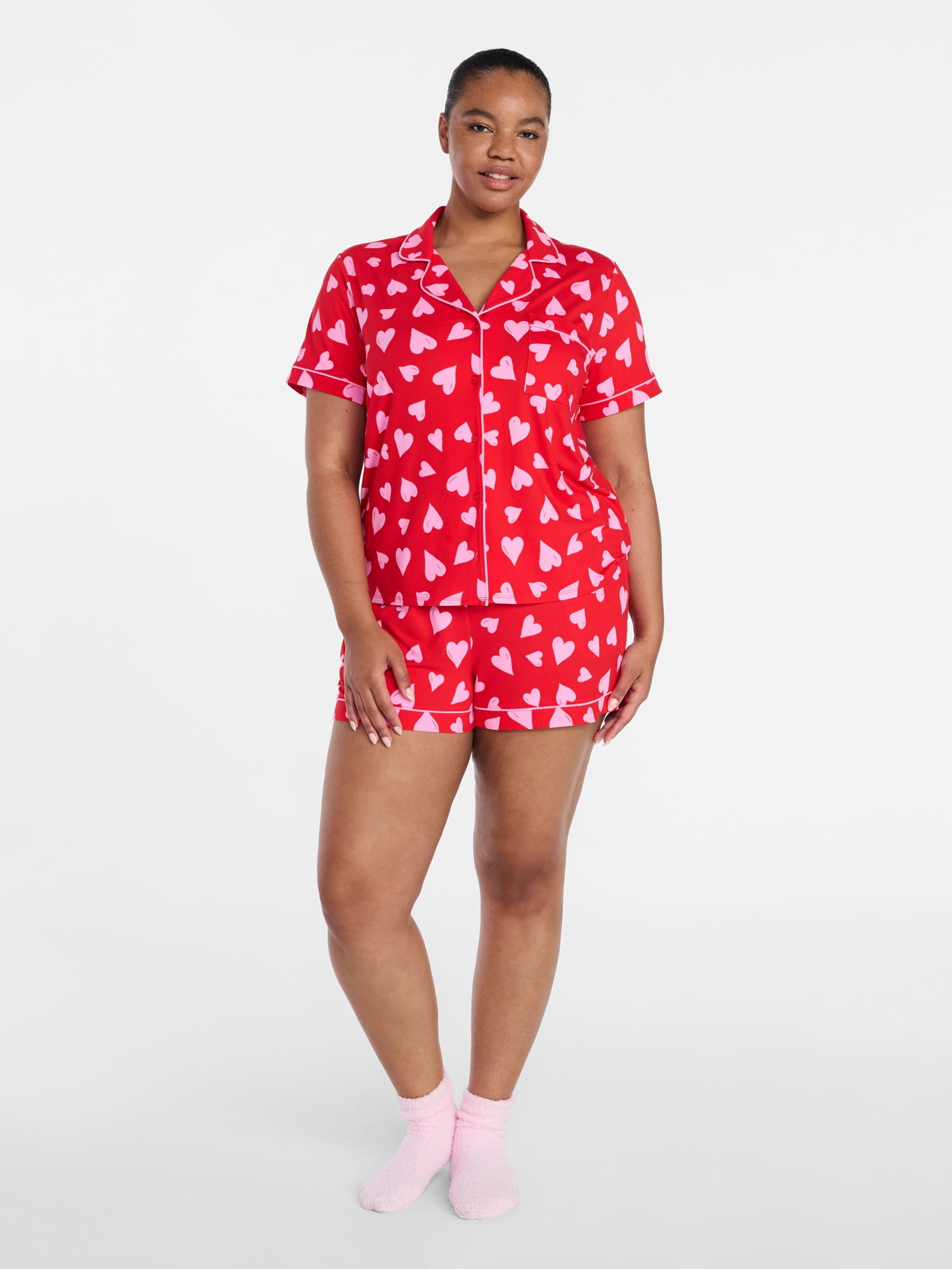Joyspun Women's Dreamy Soft Collection Notch Collar Top and Shorts Valentine's Day Pajama Set, 2-Piece, Sizes XS-3X