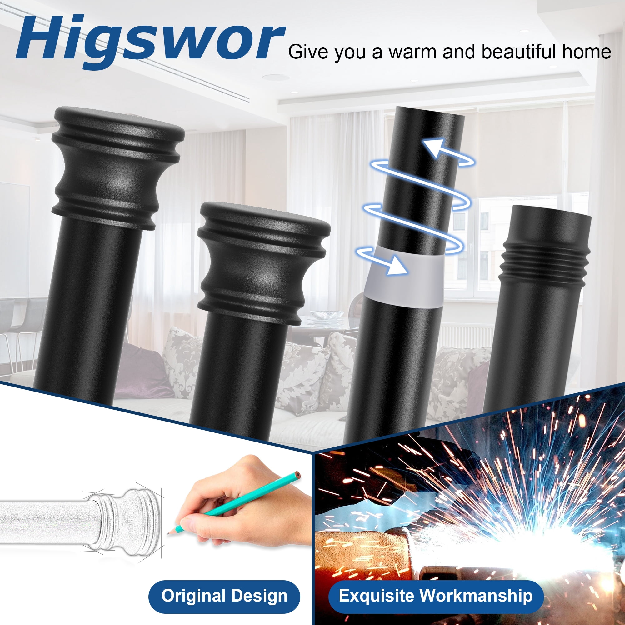 Curtain Rods for Windows  28 to 48 Inch, Black Curtain Rod, Heavy Duty Industrial Curtain Rods, Drapery Rods, 1 Inch Adjustable Indoor/Outdoor Curtain Rod 32-48"