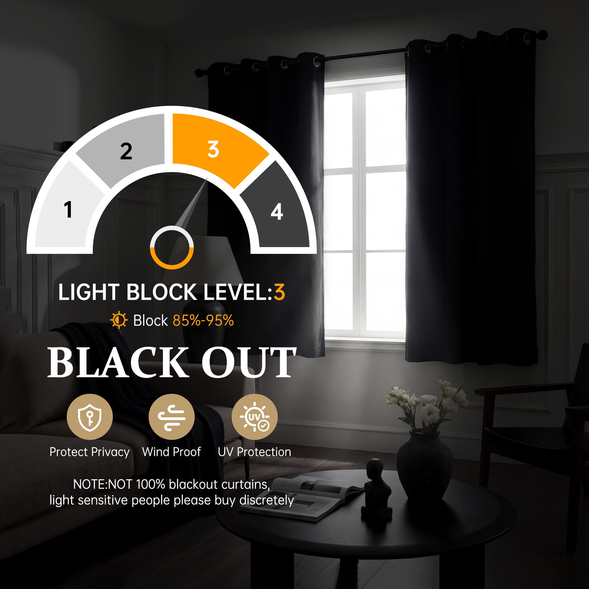 Blackout Curtains for Bedroom, Thermal Insulated Blackout Curtain 2 Panels 42x63 inch, Black Drapes with Grommets, Noise Reducing Energy Saving & Wrinkle-Free Drapes for Living Room