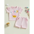 thumbnail image 4 of Toddler Baby Girls Summer Outfit 6 12 18 24 Months 2T 3T Colorful Letter Embroidery Ruffles Short Sleeve T-Shirt and Elastic Shorts Set Cute Clothes, 4 of 9