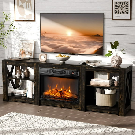 Fireplace TV Stand for up to 80 inch TVs, Farmhouse Entertainment Center with Electric Fireplace Heater & Adjustable Shelves, Fireplace Media Console Table for Living Room, Dark Rustic Oak