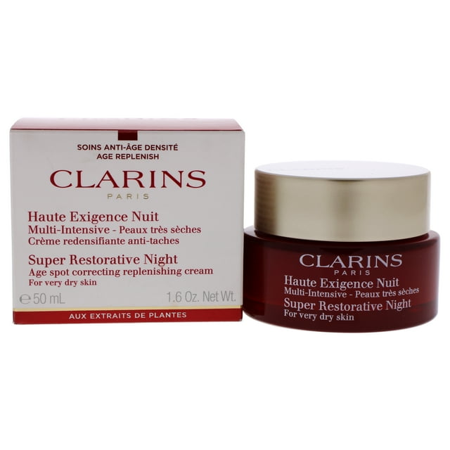 crema de noche súper reparadora para pieles muy secas de clarins para mujeres - 1,7 oz clarins clarins super restorative night - very dry skin crema de noche dama 1.7oz caja y tarro frontales, vista centrada; tarro rojo oscuro con tapa dorada y texto blanco 'Clarins' junto a caja blanca con texto en francés e inglés; envase indicado como 1.7 oz. Adecuada como crema facial nocturna para piel muy seca.