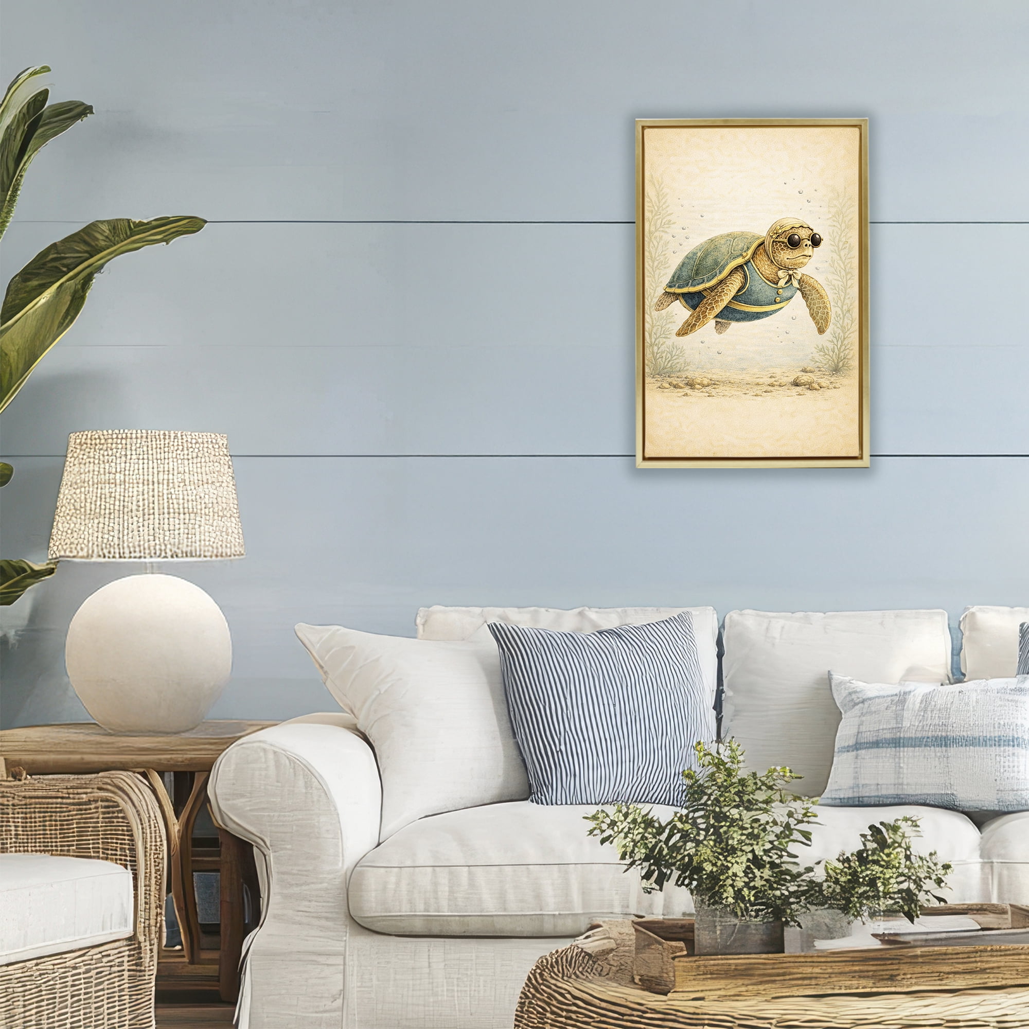 Stupell Industries Maritime Bathing Society Turtle Gold Framed Floater Canvas Wall Art, design by Grotto Studios