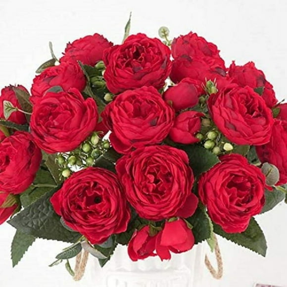 XmhyTop 8 paquetes de flores artificiales de peonía, flores de imitación, ramo de hortensias de seda, estilo vintage para bodas (rojo)