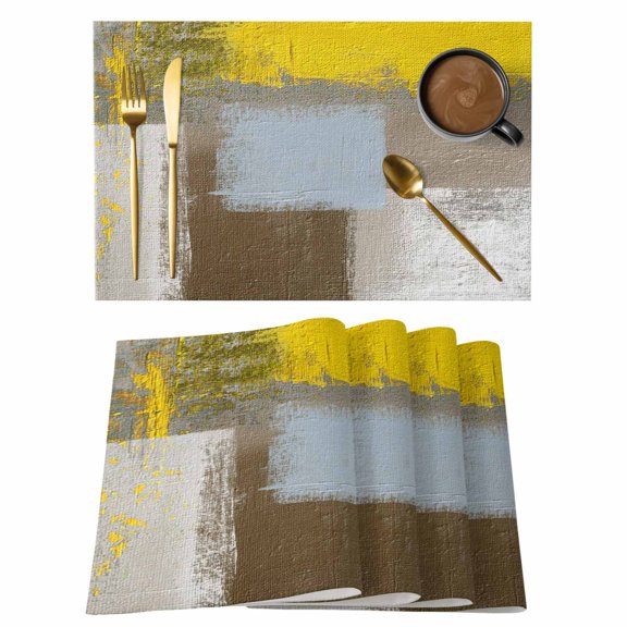 Yellow Brown Placemats Set of 8, Abstract Blue White Vintage Oil Painting Placemats for Dining Table, Place Mats for Kitchen Tabletop, Waterproof Wipeable Dining Table Mats Set
