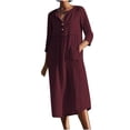 thumbnail image 1 of Robe en Lin de Coton pour Femmes Manches 3/4 Bouton Col en V Robe Midi Unie Décontractée Ample Automne Robe Droite avec Poches, 1 of 7