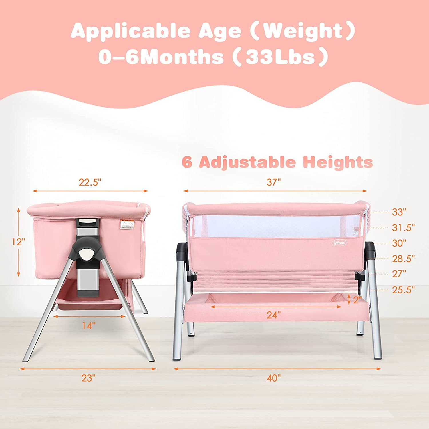 INFANS 3 in 1 Baby Bassinets, Bedside Sleeper for Newborn, Folding Crib with Mattress, Travel Bag, Wheels, 4-Sided Mesh, Easy to Assemble Cradle Co Sleeper Stationary Rock, Pink