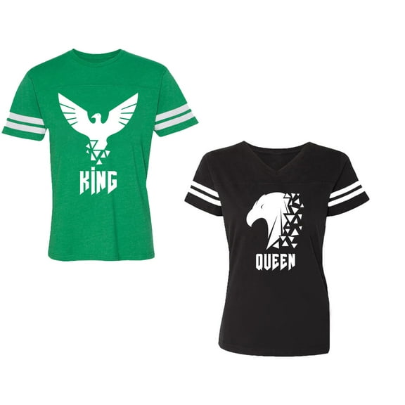 King Queen Eagle White Unisex Couple Matching Cotton Jersey style T-Shirt Contrasting stripes on sleeves (Men Green / Women Black) (Men S / Women S)