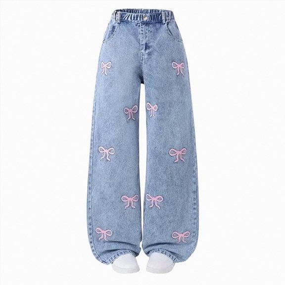 TAmten Jeans Girls 11-12 Years Girl s Cute Ripped Jeans Elastic Waist Bow Print Wide Leg Baggy Denim Pants Preppy Clothes Kids Jeans Girls Blue