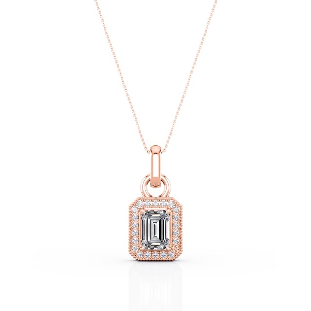 Collar con Colgante Engastado En Bisel con Canal de Halo Milgrain de Moissanita de Corte Esmeralda 1,15 Quilates JeenMata Chapado En Oro Rosa de 18 K sobre Plata
