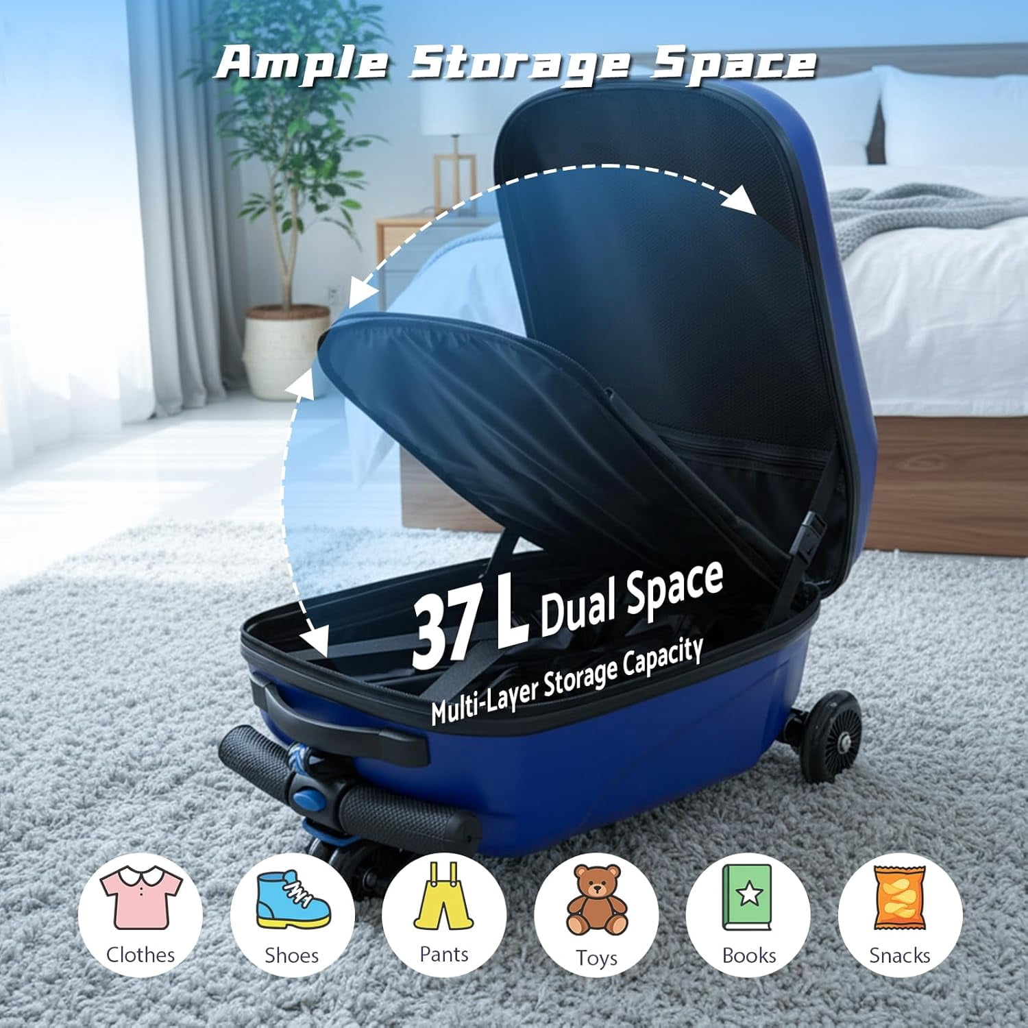 20" Hardshell Scooter Suitcase for Kid & Adult Foldable 2 in 1 Ride on Carry on Travel Trolley Scooter Luggage With Wheels Blue